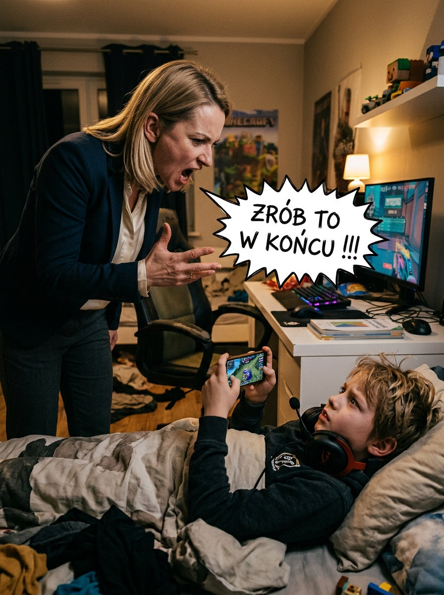 Mama krzyczy do syna leżącego z telefonem