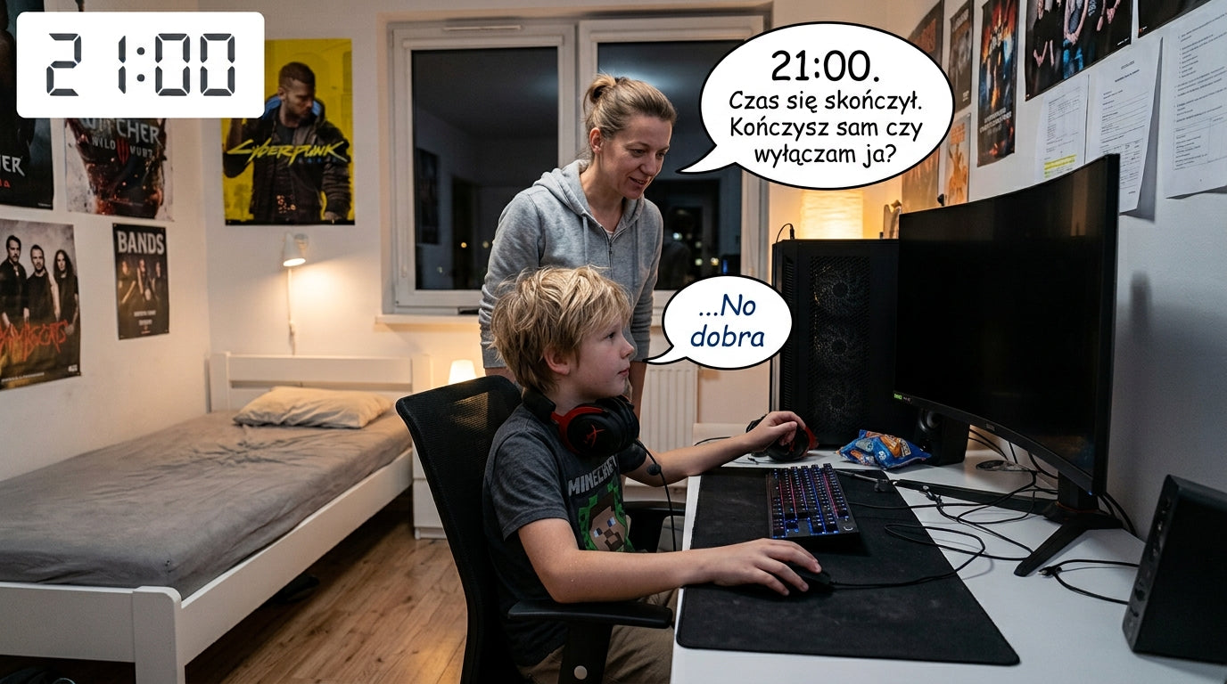 Mama spokojnie kończy granie, syn odkłada mysz