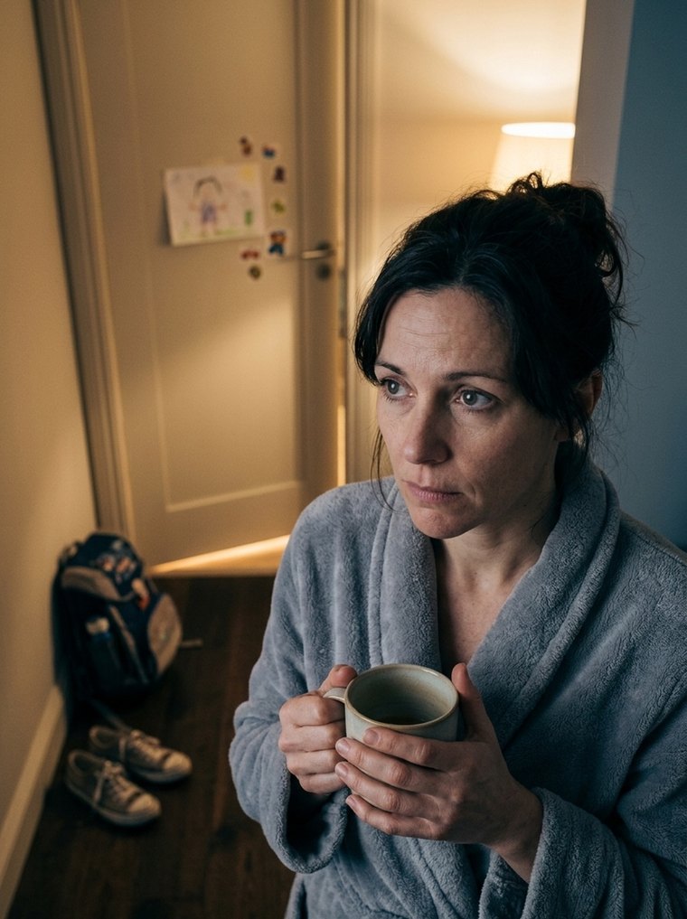 Zmęczona mama z herbatą stoi wieczorem przed zamkniętymi drzwiami pokoju syna